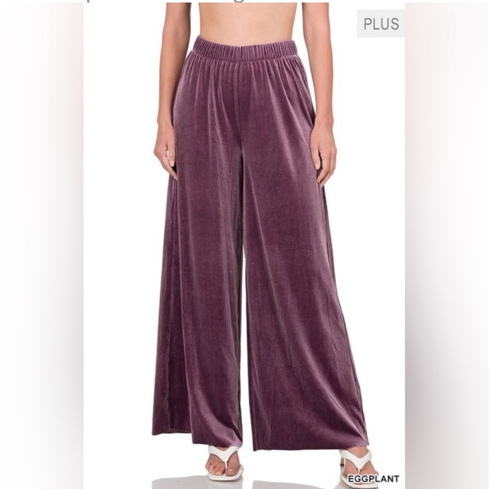 1X Plus Size Eggplant Palazzo Long Gaucho Pants Bottoms - Picture 3 of 3